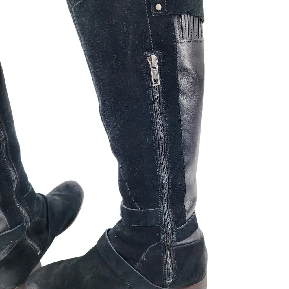 UGG Australia Black Suede Leather Shearling Cydnee Knee High Riding Boots Sz 8.5